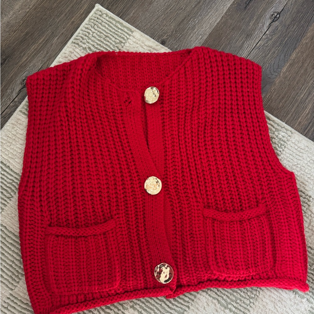 Red Knit Vest with Gold Buttons